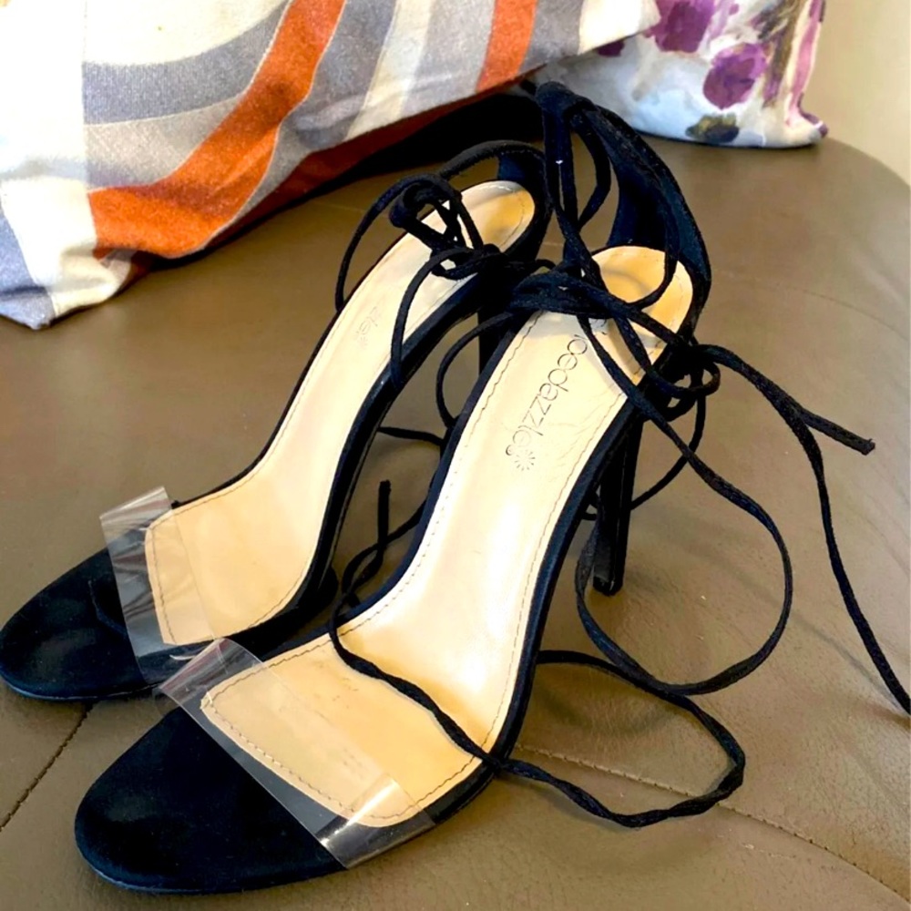 Black 3” heels by Shoedazzle size 8. Black strap sandals.
